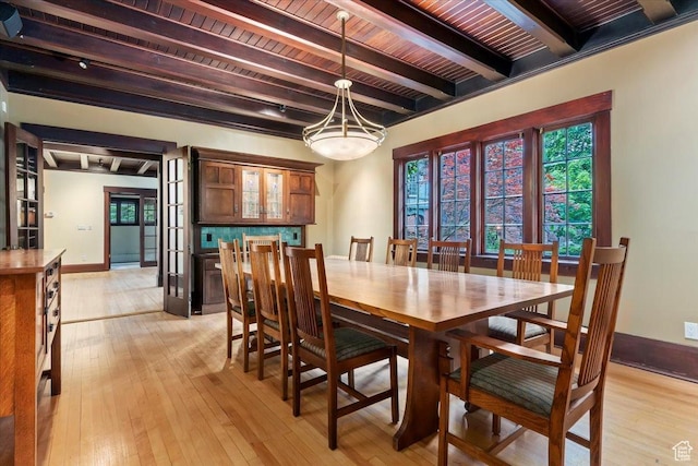 34 S Haxton Pl, Salt Lake City, UT 84102 - dining space featuring beamed ceiling, light wood-style flooring, wood ceiling, baseboards, and a chandelier