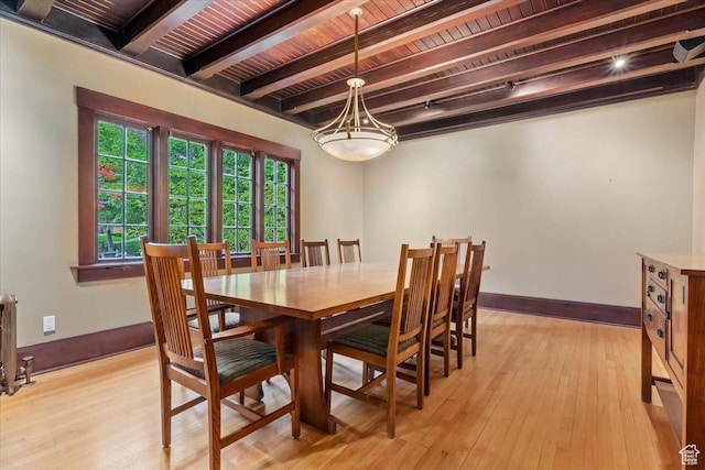 34 S Haxton Pl, Salt Lake City, UT 84102 - dining space featuring beam ceiling, baseboards, light wood-style flooring, a chandelier, and wood ceiling
