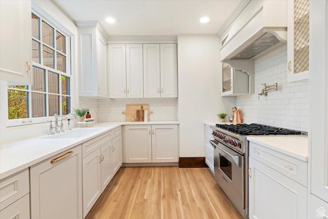 35 S Haxton Pl, Salt Lake City, UT 84102 - kitchen featuring high end stainless steel range oven, a sink, tasteful backsplash, custom range hood, and light wood-type flooring