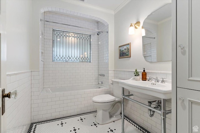 35 S Haxton Pl, Salt Lake City, UT 84102 - full bathroom with toilet, ornamental molding, tile patterned floors, tiled shower / bath, and tile walls