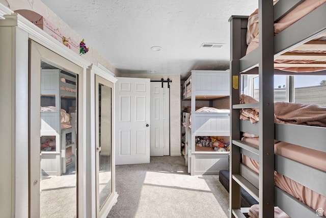 13956 S Wild Colt Cir, Herriman, UT 84096 - carpeted bedroom featuring a barn door and a textured ceiling