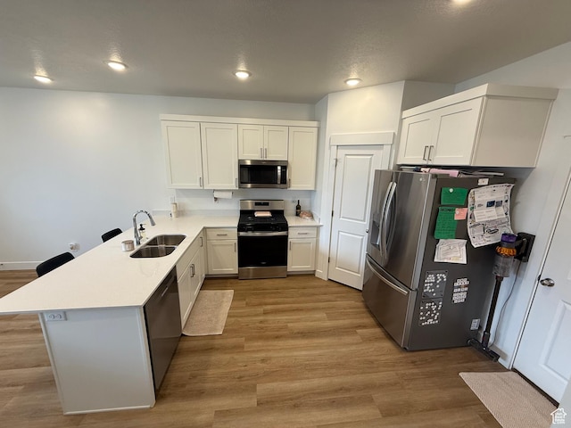 81 W 925 N, Brigham City, UT 84302 - kitchen with appliances with stainless steel finishes, a sink, a peninsula, light countertops, and light wood finished floors