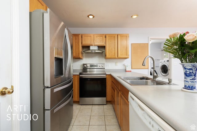 2956 W Mackay Meadows Pl, West Valley City, UT 84119 - kitchen featuring appliances with stainless steel finishes, ventilation hood, a sink, light countertops, and backsplash