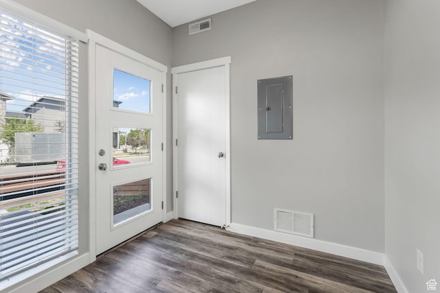 5368 W Sonova Ln S, Herriman, UT 84096 - doorway to outside with electric panel, dark wood-style flooring, and baseboards