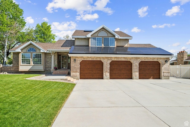 view of front of home featuring driveway, solar panels, roof with shingles, an attached garage, and stucco siding
