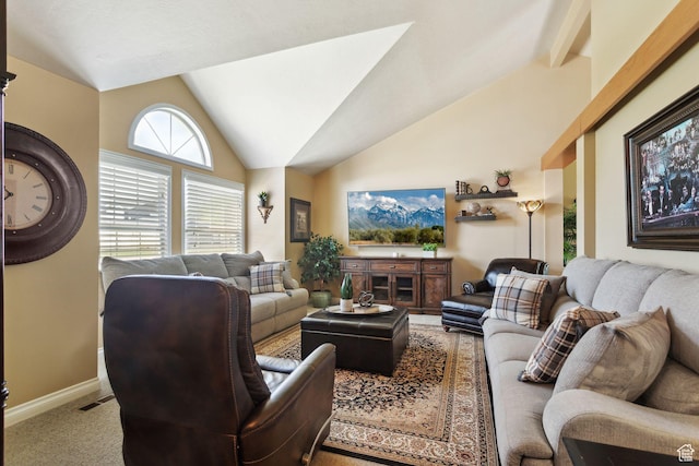 living area featuring vaulted ceiling, baseboards, and carpet