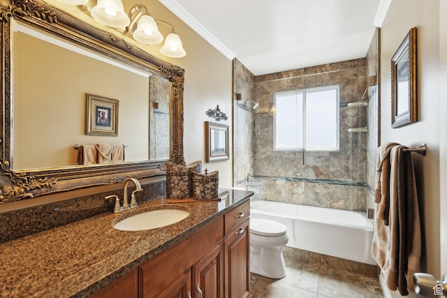 full bath with toilet, shower / washtub combination, vanity, and crown molding