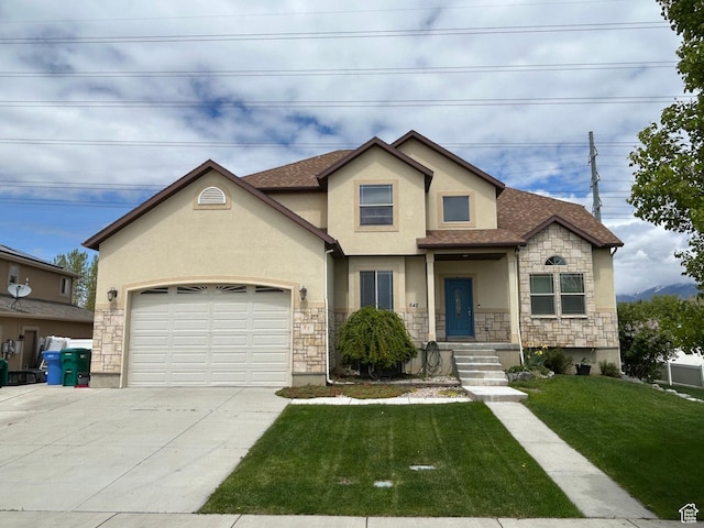 642 W 1250 S, Lehi, UT 84043 - view of front of property with stone siding, stucco siding, concrete driveway, an attached garage, and a front lawn