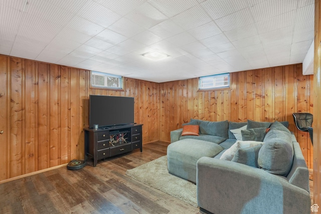 living room featuring wood finished floors and wooden walls