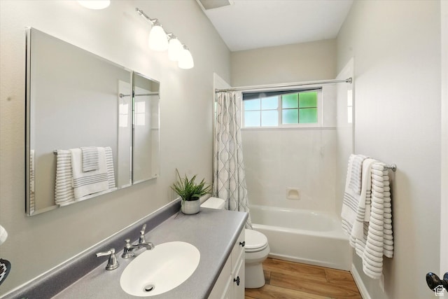 2897 W 3400 N, Benson, UT 84335 - bathroom with toilet, vanity, shower / tub combo with curtain, and wood finished floors
