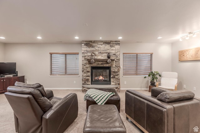 1267 E Foxcrest Ct, Park City, UT 84098 - living area featuring light colored carpet, a fireplace, recessed lighting, and baseboards