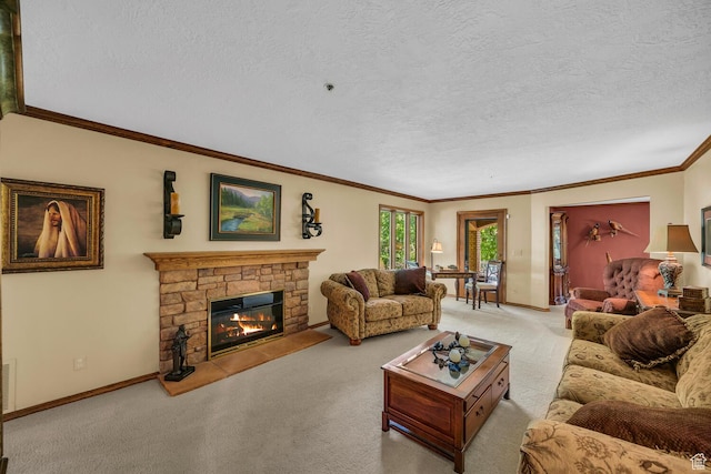 305 S Rachel Ln, New Harmony, UT 84757 - living room with carpet flooring, a textured ceiling, a stone fireplace, crown molding, and baseboards