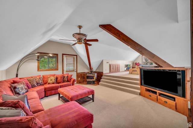 305 S Rachel Ln, New Harmony, UT 84757 - living room with lofted ceiling, ceiling fan, carpet flooring, and plenty of natural light