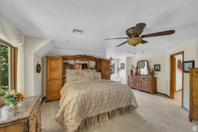 305 S Rachel Ln, New Harmony, UT 84757 - bedroom featuring light carpet, ceiling fan, a textured ceiling, and baseboards
