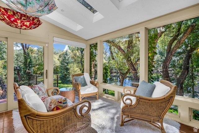 305 S Rachel Ln, New Harmony, UT 84757 - sunroom with a skylight, plenty of natural light, lofted ceiling, view of scattered trees, and a water view