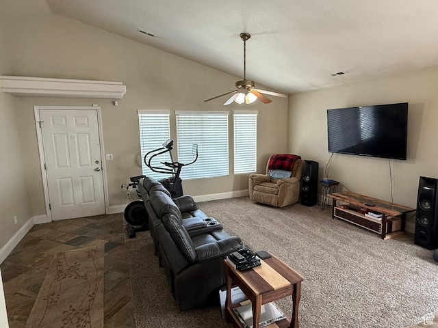 246 W Inauguration Rd S, Draper, UT 84020 - living room featuring lofted ceiling, ceiling fan, and baseboards
