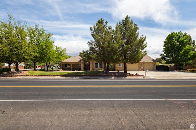 view of property hidden behind natural elements featuring concrete driveway and a garage
