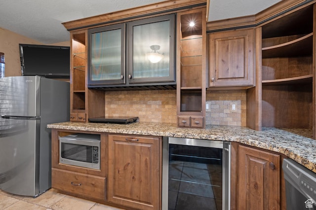 2242 E Deere View Dr N, Layton, UT 84040 - kitchen with wine cooler, appliances with stainless steel finishes, open shelves, decorative backsplash, and light stone counters