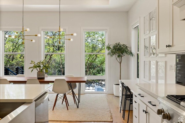 dining space featuring a chandelier and light wood-style flooring
