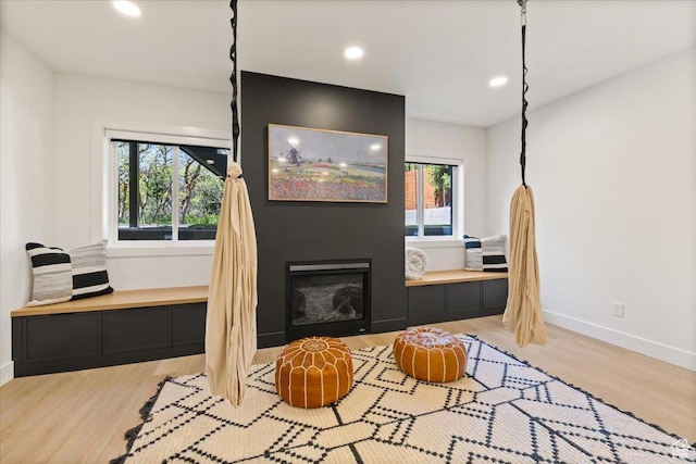 living room featuring wood finished floors, plenty of natural light, recessed lighting, baseboards, and a fireplace