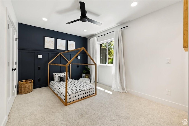 bedroom featuring carpet, recessed lighting, baseboards, and a ceiling fan