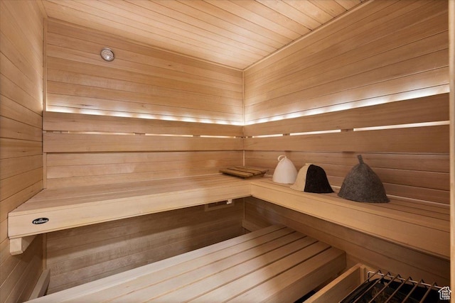 sauna / steam room featuring wood walls