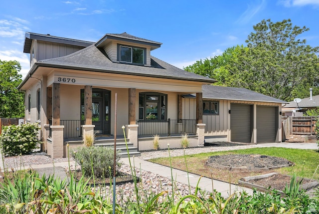 3670 S 1300 E, Millcreek, UT 84106 - bungalow-style home featuring covered porch, board and batten siding, a garage, and a shingled roof