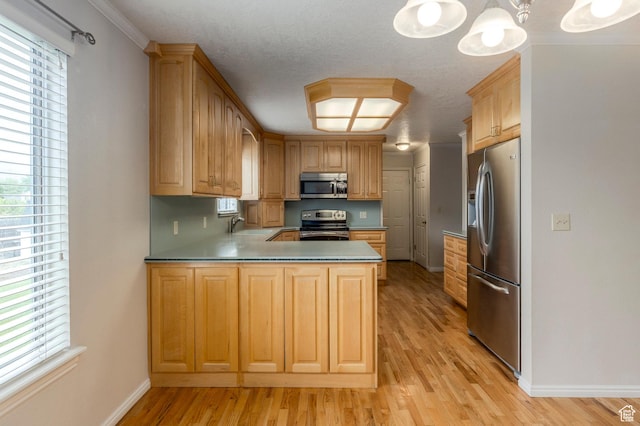 kitchen featuring appliances with stainless steel finishes, a sink, baseboards, light wood-style flooring, and healthy amount of natural light