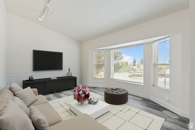living area featuring rail lighting, wood finished floors, lofted ceiling, and baseboards