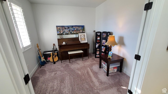 living area with carpet and baseboards