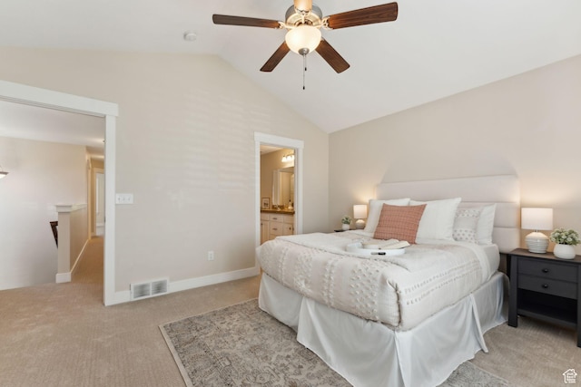 82 E Danta Dr S, Draper, UT 84020 - bedroom featuring vaulted ceiling, light carpet, baseboards, ceiling fan, and connected bathroom