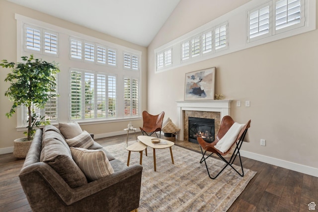 82 E Danta Dr S, Draper, UT 84020 - living area featuring a high end fireplace, baseboards, dark wood-type flooring, and high vaulted ceiling