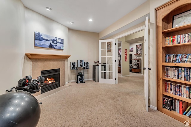5414 W Island Creek Dr S, West Jordan, UT 84081 - sitting room featuring french doors, carpet floors, a fireplace, baseboards, and recessed lighting