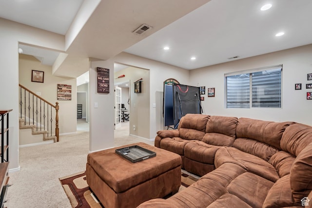 5414 W Island Creek Dr S, West Jordan, UT 84081 - carpeted living room featuring stairway, recessed lighting, and baseboards