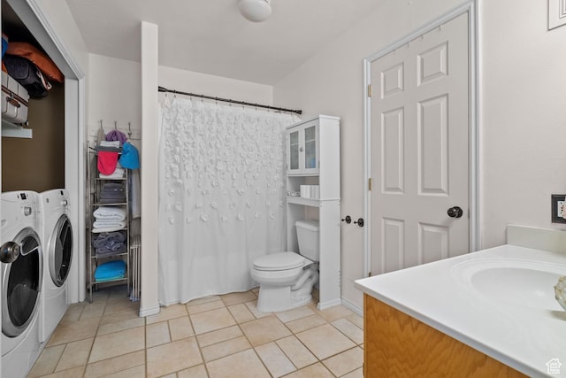 1512 N 1335 W, Orem, UT 84057 - full bath featuring washing machine and clothes dryer, vanity, toilet, tile patterned flooring, and a shower with shower curtain