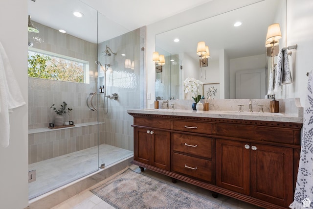 bathroom with walk in shower, double vanity, recessed lighting, and tile patterned flooring