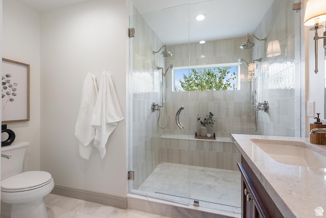 full bath featuring a stall shower, toilet, marble look tiles, vanity, and recessed lighting