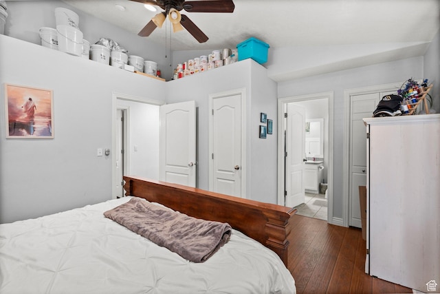 2142 Alaska Ave, Provo, UT 84606 - bedroom featuring vaulted ceiling, hardwood / wood-style flooring, ceiling fan, and ensuite bath