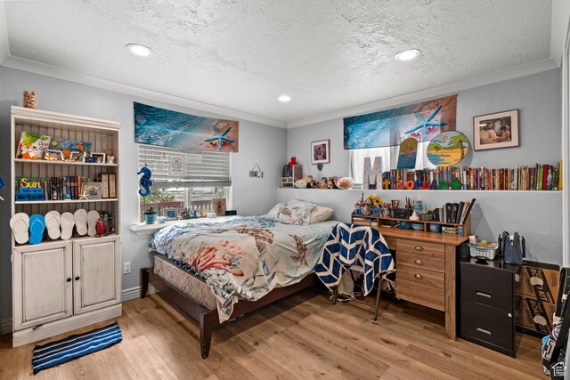 2142 Alaska Ave, Provo, UT 84606 - bedroom with ornamental molding, a textured ceiling, wood finished floors, and recessed lighting