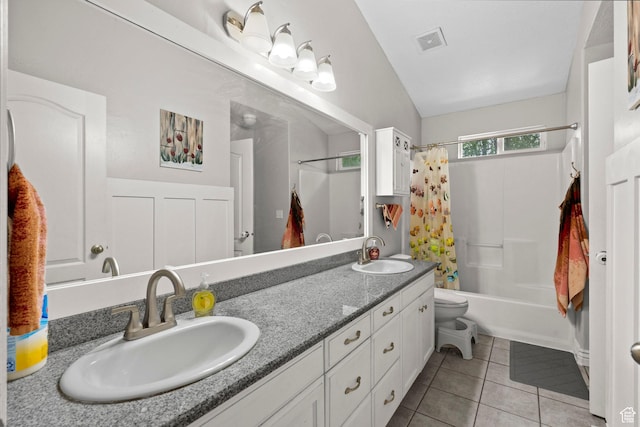 2142 Alaska Ave, Provo, UT 84606 - full bathroom featuring tile patterned flooring, shower / bath combo with shower curtain, double vanity, lofted ceiling, and toilet