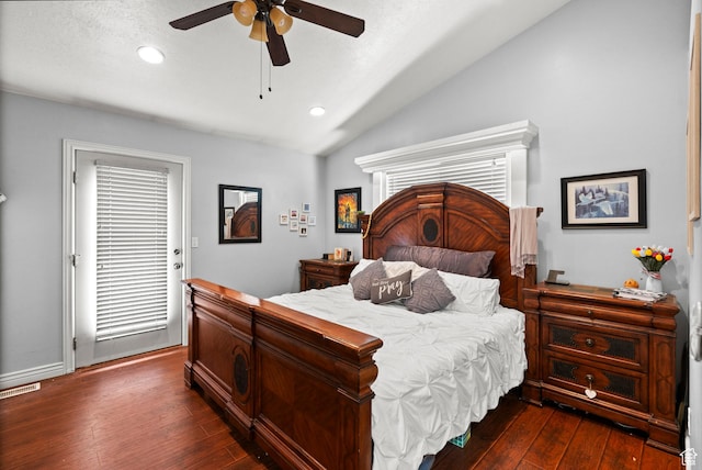 2142 Alaska Ave, Provo, UT 84606 - bedroom with vaulted ceiling, dark wood-style flooring, recessed lighting, and a ceiling fan