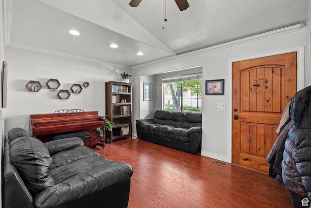 2142 Alaska Ave, Provo, UT 84606 - living room featuring lofted ceiling, ceiling fan, crown molding, hardwood / wood-style flooring, and recessed lighting
