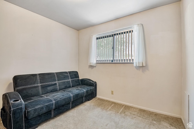 sitting room featuring carpet floors and baseboards