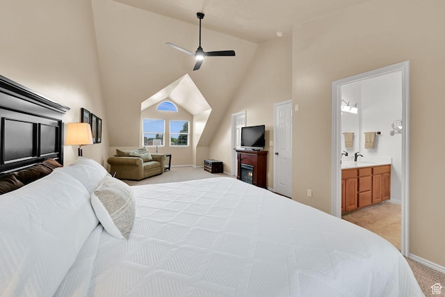 1780 N 800 E, North Ogden, UT 84414 - bedroom with light colored carpet, baseboards, a sink, ensuite bath, and ceiling fan