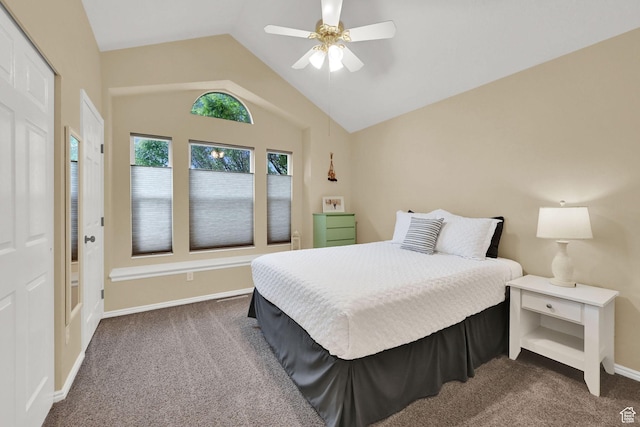 1780 N 800 E, North Ogden, UT 84414 - bedroom featuring dark carpet, vaulted ceiling, ceiling fan, and baseboards