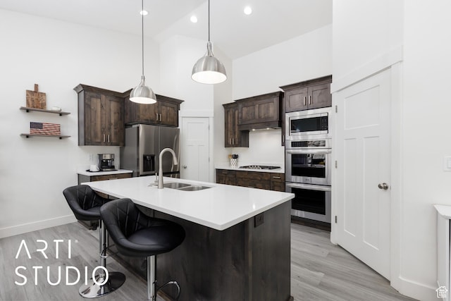 752 N Sunset Dr, Morgan, UT 84050 - kitchen with a sink, appliances with stainless steel finishes, dark brown cabinets, light countertops, and recessed lighting