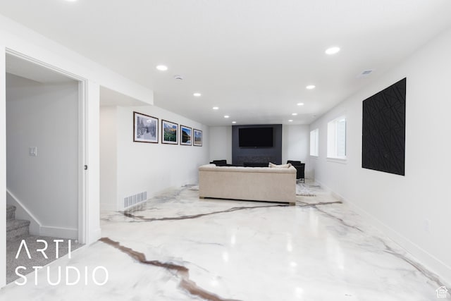 752 N Sunset Dr, Morgan, UT 84050 - living room featuring recessed lighting, stairs, baseboards, and marble finish flooring