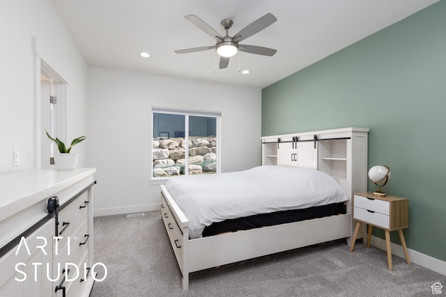 752 N Sunset Dr, Morgan, UT 84050 - bedroom featuring carpet floors, baseboards, recessed lighting, ceiling fan, and a barn door