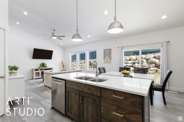 752 N Sunset Dr, Morgan, UT 84050 - kitchen with a sink, dishwasher, light wood finished floors, dark brown cabinets, and recessed lighting