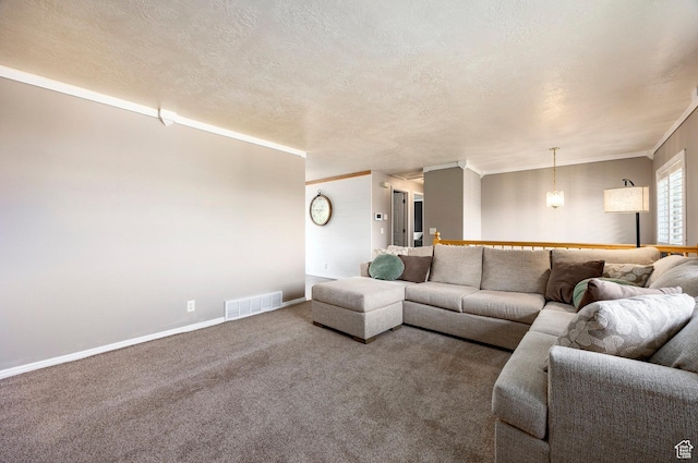 2135 W 4300 S, Roy, UT 84067 - carpeted living room featuring ornamental molding, baseboards, and a textured ceiling